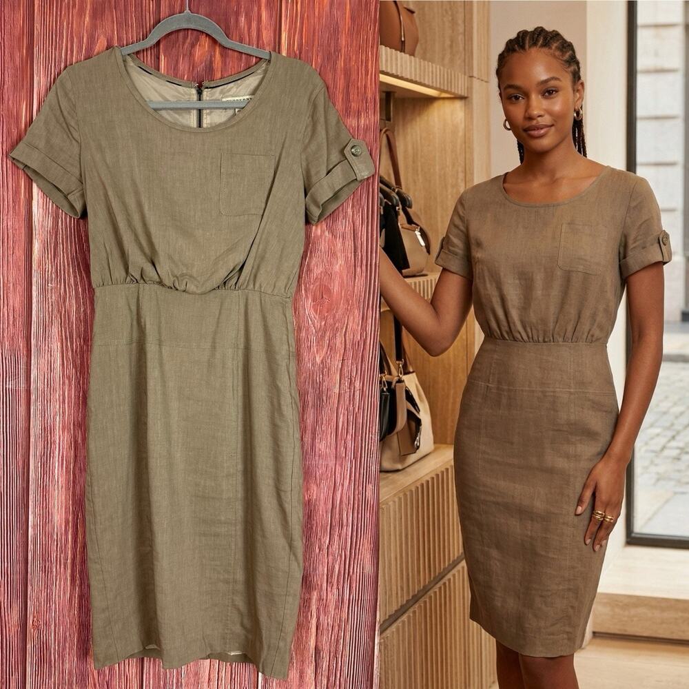 Burberry London Wool Linen Dress Tan Short Sleeve Back Zip Brown Women US Size 6